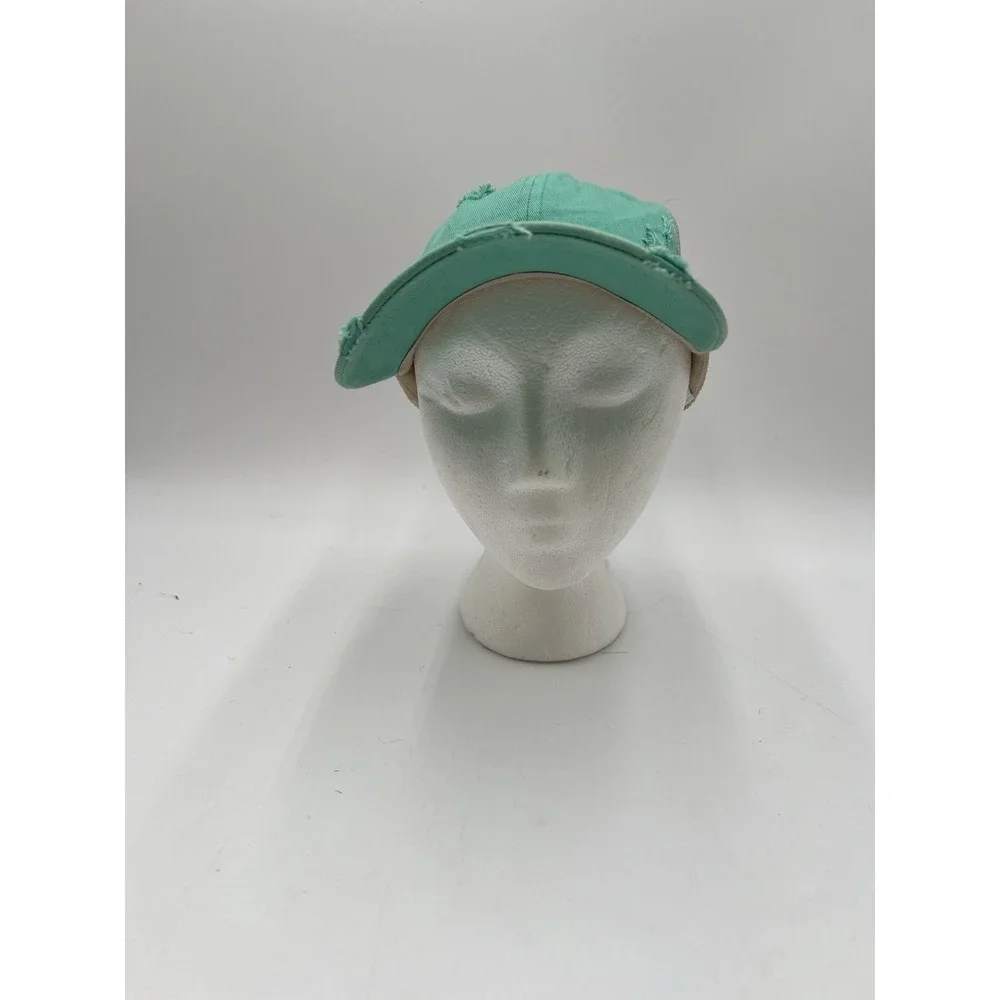 Distressed Ponytail Trucker Hat Criss Cross Messy Bun Mint Green Tan Mesh Cap